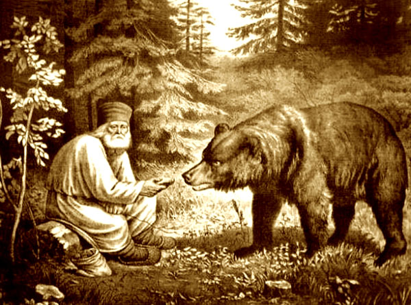 Преп. Серафим Саровский кормит медведя. Литография неизвестного художника 1860-1880 гг.