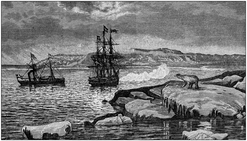 На гравюре: экспедиция Норденшельда салютует мысу Челюскин (1878 г.)