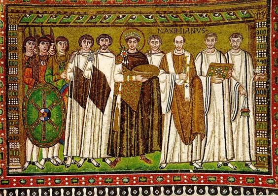 Св. Император Юстиниан со свитой. Мозаика из в церкви Сан-Витале в Равенне, VI в.