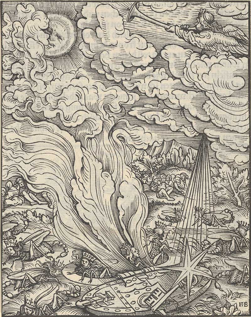 Гравюра Ханса Бургкмайра ‒ иллюстрация к Апокалипсису (Откр. 9: 1-4,7). 1523 г.
