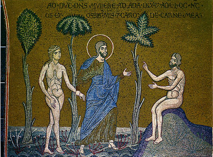 Адам и Ева. Византийская мозаика собора в Монреале, Сицилия. 1180-е гг.