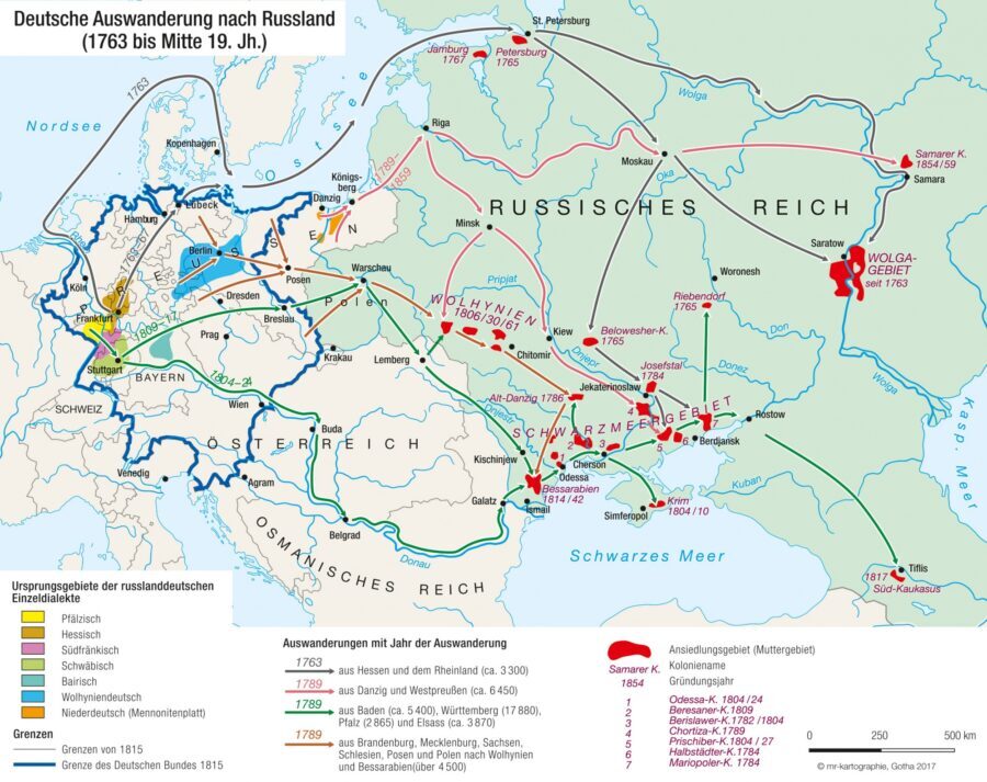 Российские немцы. Карта немецких поселений в России до революции