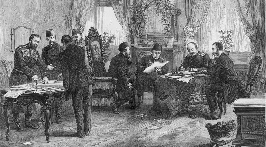 Репродукция гравюры неизвестного художника «Подписание мирного договора между Россией и Турцией в Сан-Стефано в 1878 году», фрагмент.