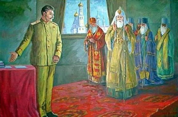 Картинка встречи Сталина с последними уцелевшими архиереями в 1943 г.