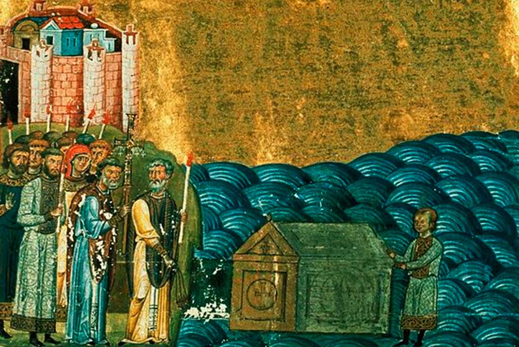 Обретение мощей священномученика Климента, папы Римского близ Херсонеса. Миниатюра из Менология императора Василия II