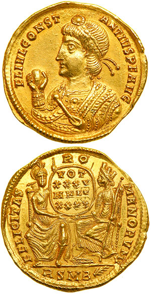 Констанций II, 337-361. Золотой Солидус (4.4 г), отчеканенный в Риме, 357. Знамение на небе Креста Господня в Иерусалиме
