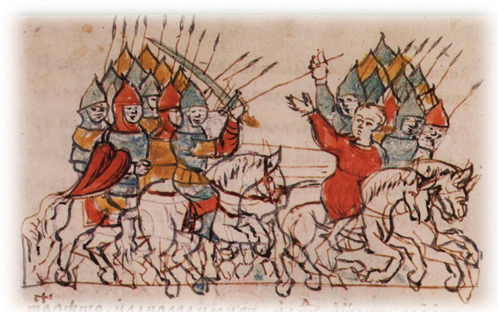 Преследование бегущих половцев русскими войсками в 1107 г. Миниатюра из Радзивиловской летописи конца XV в.